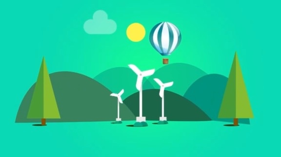 Ilustración de paisaje con aerogeneradores y globo aerostático