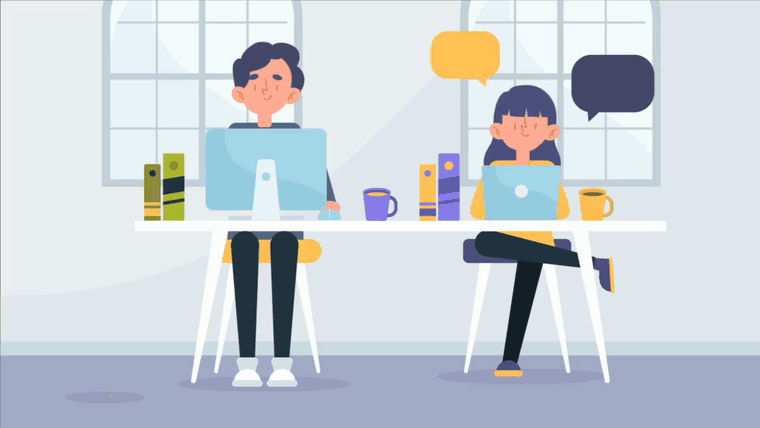 Animación de dos personas trabajando frente a computadoras